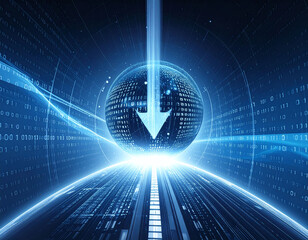 Futuristic digital concept of a glowing globe with binary code and a down arrow, representing data transfer. Ideal for technology, cloud computing, and global connectivity themes.