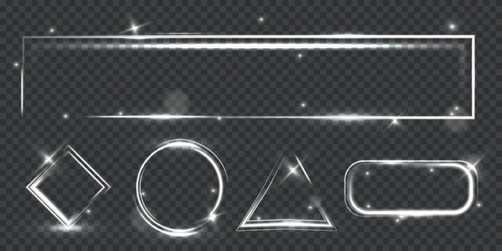lowing silver light frames and geometric shapes with sparkle and bokeh on a transparent background