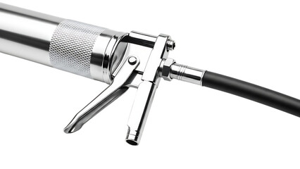 High pressure air blow gun with chrome finish and black hose attachment for industrial cleaning applications and dust removal