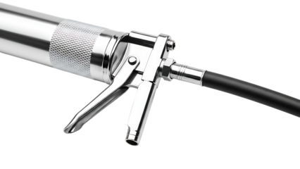 High pressure air blow gun with chrome finish and black hose attachment for industrial cleaning applications and dust removal