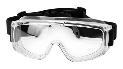 Safety goggles with clear lenses and adjustable black strap for protective eyewear suitable for various industrial and laboratory settings providing excellent visibility and comfort for the wearer