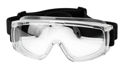 Safety goggles with clear lenses and adjustable black strap for protective eyewear suitable for various industrial and laboratory settings providing excellent visibility and comfort for the wearer
