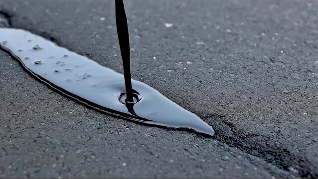 A close-up shot of black liquid asphalt sealant being poured into a crack on a grey road surface for repair.