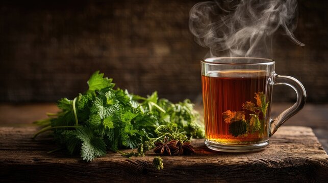 Fresh Herbal Tea in Glass Cup with Steam Rising and Ingredients on Rustic Wooden Table, Perfect for Cozy Moments and Relaxation