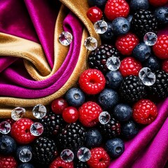 Glossy tactile artwork featuring velvet fabric with berries and sparkling crystal droplets in abstract design