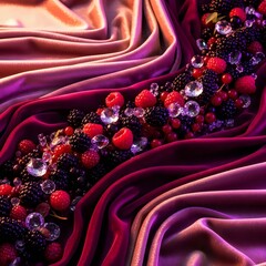 Surreal abstract artwork of velvet fabric textures with berries and luminous crystal droplets glossy design