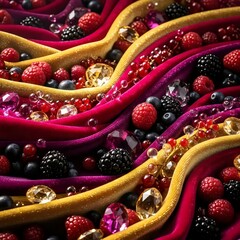 Glossy tactile composition featuring velvet fabric with berries and sparkling crystal droplets in abstract artwork