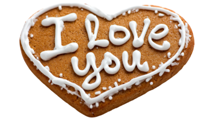 Heart shaped gingerbread cookie with icing decoration and love you text on background