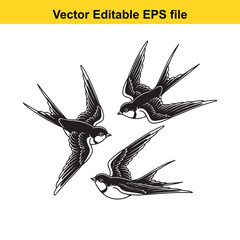 Three swallows flying in different directions vector art graphic illustration
