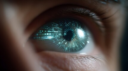 Digital Eye: A close-up view unveils an eye infused with digital patterns, reflecting the fusion of technology and human vision, showcasing the intricate details of data visualization.