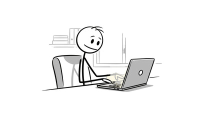 Simple stick figure working on a laptop in a minimalist office setting.