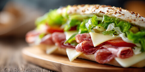 Fresh gourmet sandwich with salami, cheese, lettuce, and tomatoes in a seeded artisan bun, served on a wooden board.