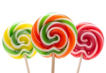 Colorful rainbow swirl lollipop candy on a stick isolated on white background as a sweet delicious dessert object