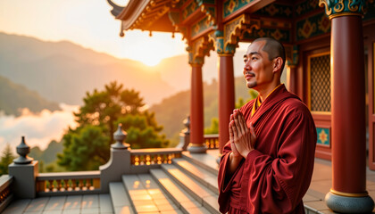 Fototapeta premium Monk praying with hands together at mountain temple during sunset 
