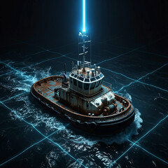 Overhead view of a tugboat in dark waters with a digital grid overlay showing high-tech positioning and maritime navigation system.