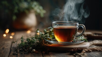 Warm and Inviting Hot Herbal Tea with Steam and Fresh Herbs on Rustic Wooden Table in Cozy Atmosphere for Relaxation and Comfort
