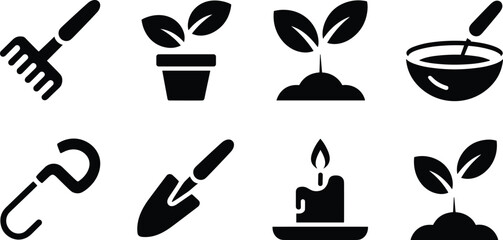 Cartoon gardening and nature icon set with tools, sprouts, potted plants, candle, and silhouette symbols for outdoor themes.
