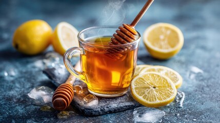 Refreshing Honey Lemon Tea in a Glass Cup with Cozy Steam and Fresh Lemons on a Rustic Surface