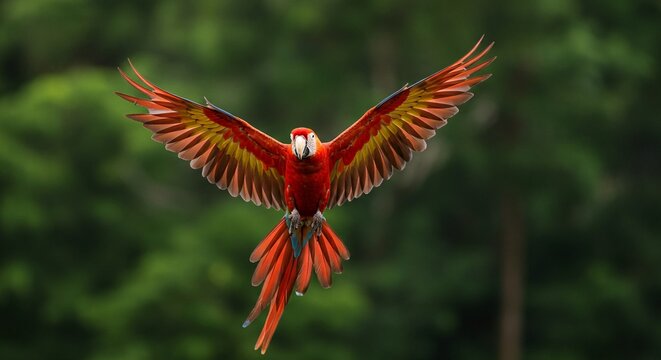 A vibrant red parrot spreads its colorful wings in mid-flight against a lush green forest background.