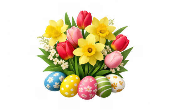 Easter eggs with spring flowers bouquet transparent background - Powered by Adobe