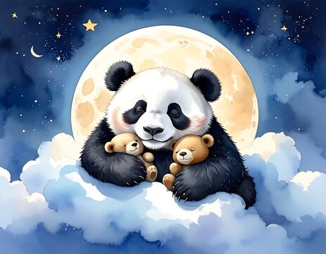 Panda cuddles teddy bears on a cloud against a big moon and starry night watercolor background