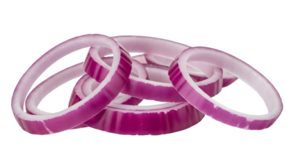 A group of pink onion rings with white centers arranged on a black background glossy