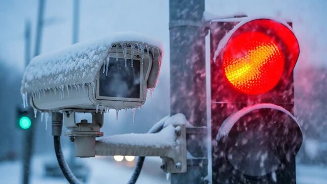 Frozen Traffic Camera Lens Beside a Glowing Red Stoplight