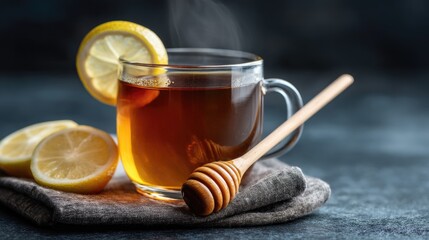 Refreshing Hot Beverage with Lemon and Honey in a Glass Mug on a Dark Background, Ideal for Cozy Moments and Relaxation