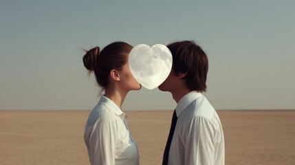 Creative Surreal Photo of Couple Kissing with Heart-Shaped Moon Overlay in Desert