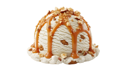 Creamy vanilla ice cream dome with caramel drizzle and crushed nuts on a white background
