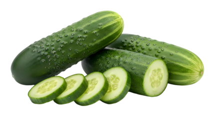 Fresh green cucumbers with slices displayed on a black background (31