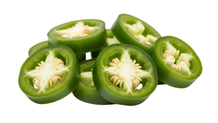 Fresh green jalapeno peppers sliced and displayed on a black background