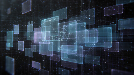 Cinematic tech, abstract holographic digital interface floating in dark space,soft glowing UI elements, slow rotation, futuristic style