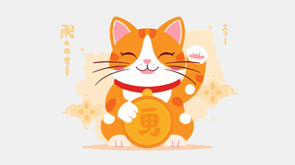 Vector illustration of a Chinese lucky cat with a flat design, featuring a vibrant orange tabby cat with bright white patches, a distinctive pink nose © Nur