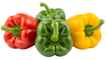 Three colorful bell peppers red green and yellow with stems and leaves against a black background