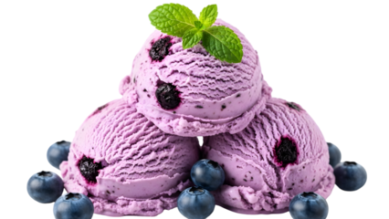 Three scoops of purple berry ice cream topped with fresh blueberries and a mint leaf against a black background