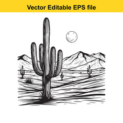 desert landscape with cacti and mountains in black and white vector illustration