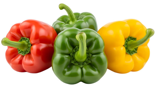 Three colorful bell peppers red green and yellow with stems and leaves against a black background