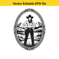 Portrait of strong cowgirl standing confidently in ornate oval frame mountains scene