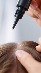 Fototapeta premium Woman applying hair serum to her scalp for healthy hair growth and nourishment