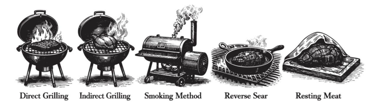 Black and white illustration showcasing five different meat cooking methods: direct grilling, indirect grilling, smoking, reverse searing, and resting meat on wood surfaces.
