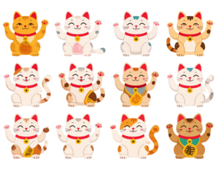 Cute Maneki Neko Lucky Cat Illustration Set, Waving Paws Vector Characters 