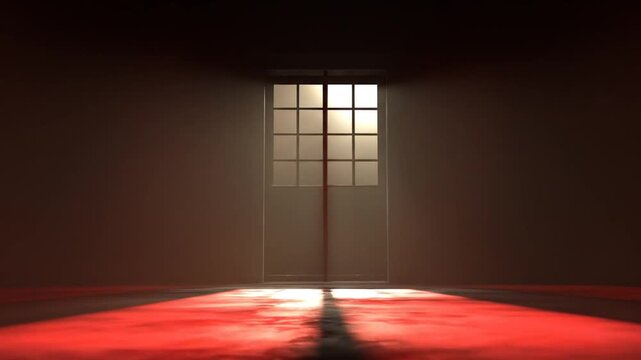 Dramatic interior window light casting shadows and red tones