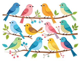 Colorful Garden Songbirds Illustration Set with Branches and Berries, Flat Vector Style 