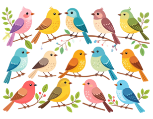 Colorful Garden Songbirds Illustration Set with Branches and Berries, Flat Vector Style