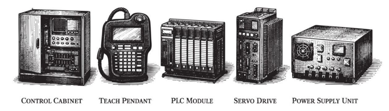 A black and white vintage illustration depicting industrial equipment, including a control cabinet, teach pendant, PLC module, servo drive, and power supply unit.