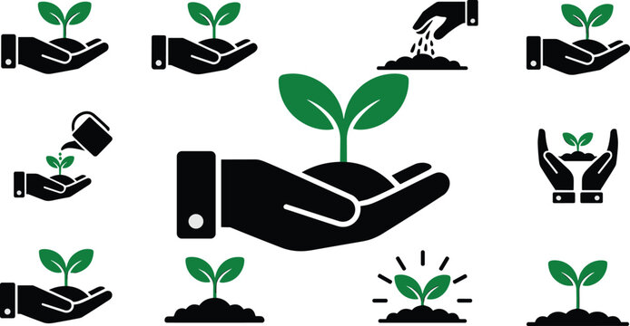 Plant care and growth icon set illustrating hand holding seedling, watering, planting, and nurturing concepts for sustainability, ecology, agriculture, and environmental design