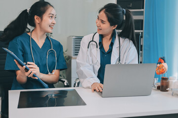 Medical, meeting and laptop for team in office in discussion, brainstorming and planning. Doctor,...