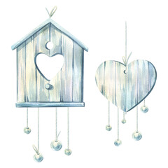 A wooden birdhouse with a heart and beads on white-blue pendants. Spring decor elements, hand-drawn watercolor illustrations. Perfect for spring holidays, such as Mother's Day, March 8th, and weddings