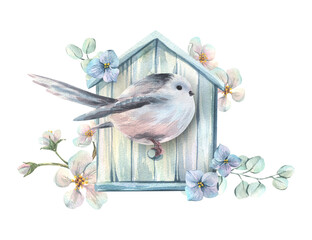 A long-tailed tit perched on an elegant wooden birdhouse surrounded by delicate apple and hydrangea blossoms. A delicate hand-painted watercolor illustration. Perfect for weddings and spring holidays.